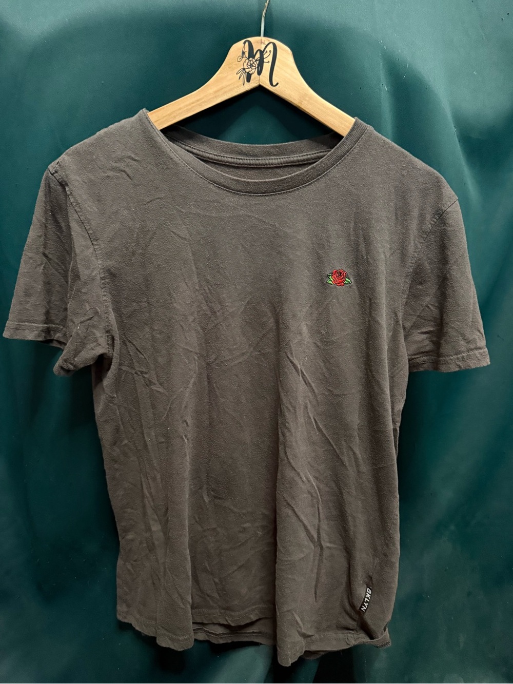 Brooklyn Cloth Charcoal Gray Short Sleeve Tee with Small Red Rose Patch